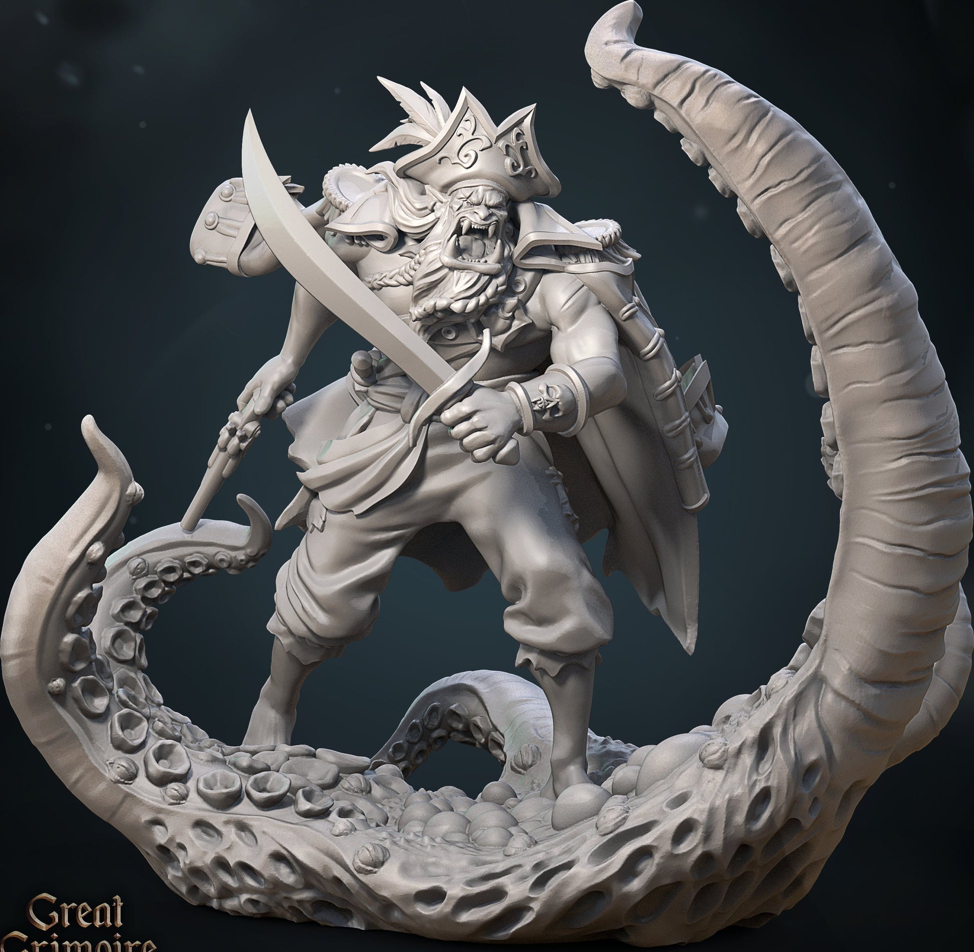 Scarred Orc Pirate and Abyssal Monster | Tides of the Abyss | D&D TTRPG Miniature | Great Grimoire