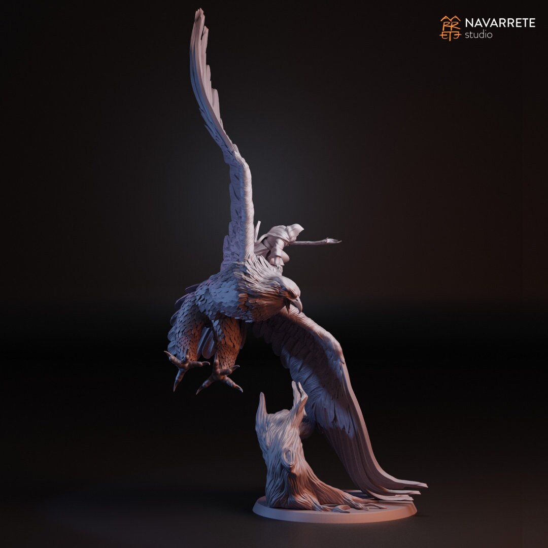 Radalion on Eagle, Wizard Giant Bird | D&D TTRPG Miniature | Navarrete Studio | Unpainted, Unplated Resin 8k