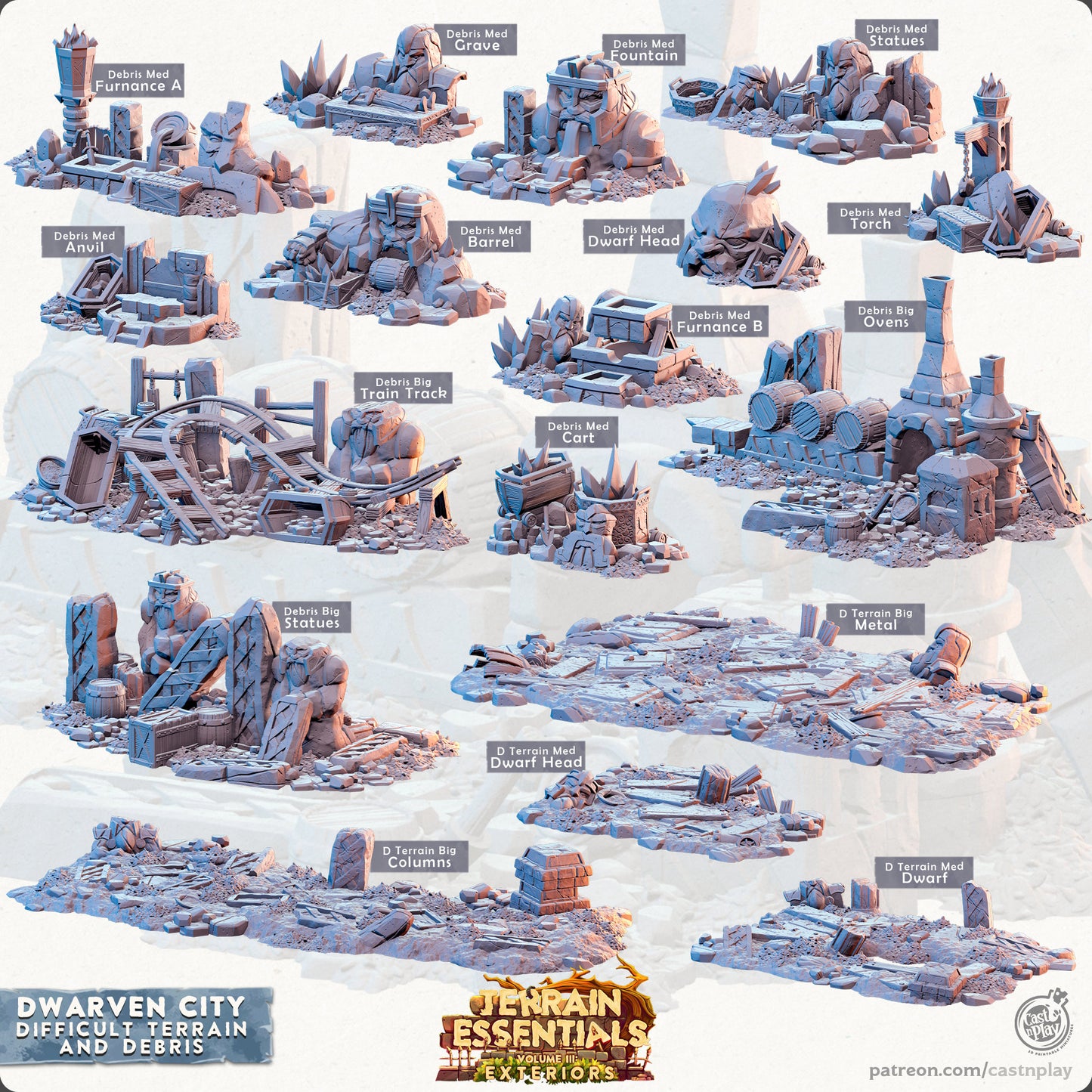 Dwarven City Debris / Difficult Terrain, Scatter, Rubble | FULL SET D&D Miniature | Cast n Play
