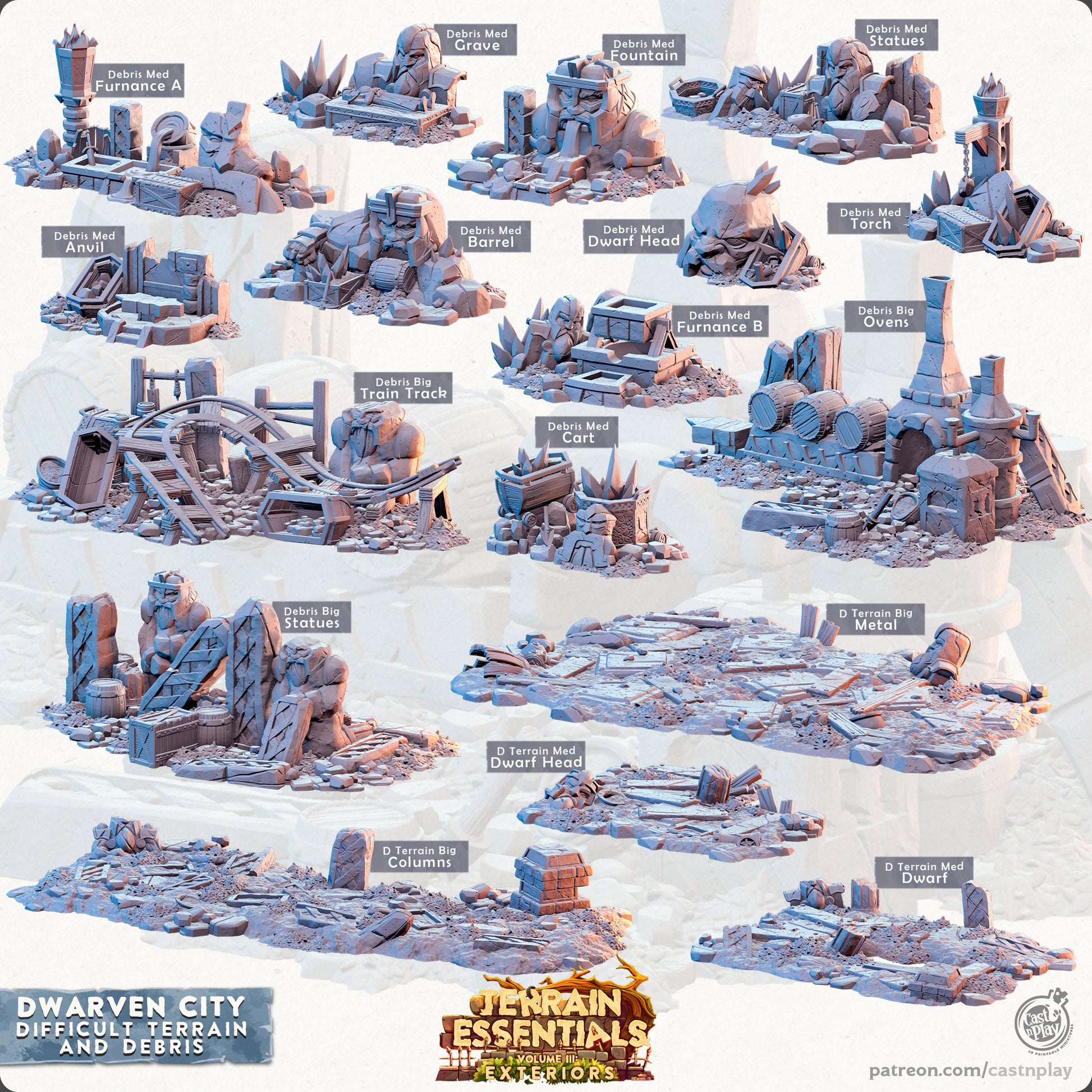 Dwarven City Debris / Difficult Terrain, Scatter, Rubble | FULL SET D&D Miniature | Cast n Play