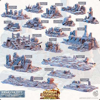 Dwarven City Debris / Difficult Terrain, Scatter, Rubble | FULL SET D&D Miniature | Cast n Play