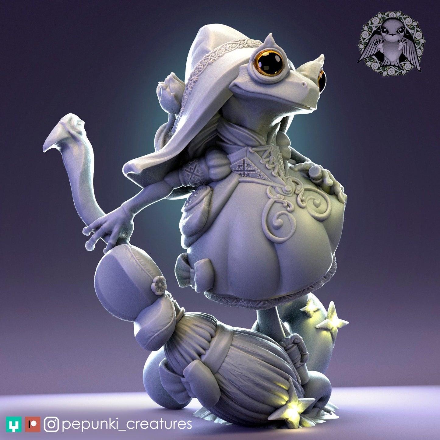 Broom Frog, Magician Witch Warlock | Tabletop or Display Scale | D&D Humblewood TTRPG Miniature | Pepunki Creatures