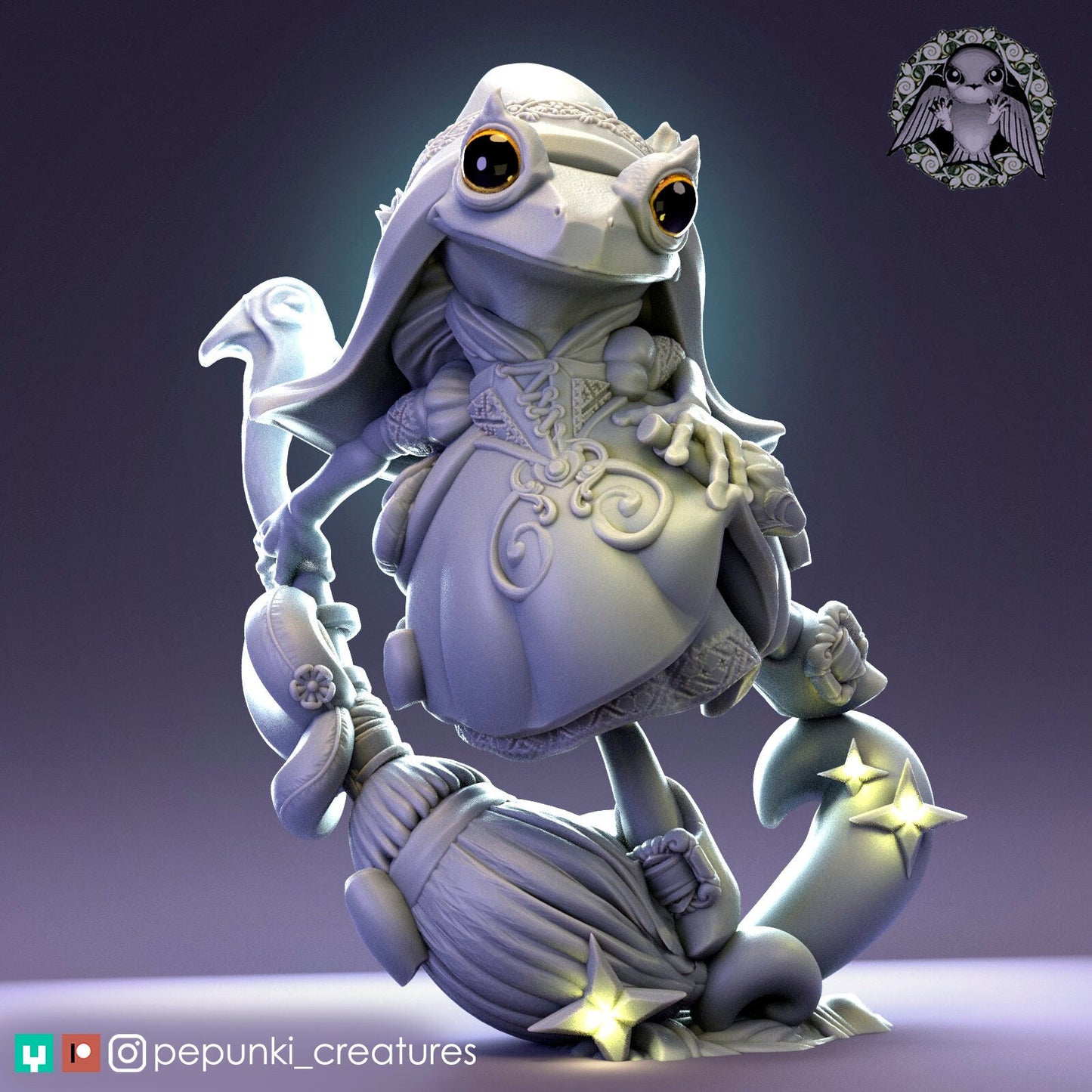 Broom Frog, Magician Witch Warlock | Tabletop or Display Scale | D&D Humblewood TTRPG Miniature | Pepunki Creatures