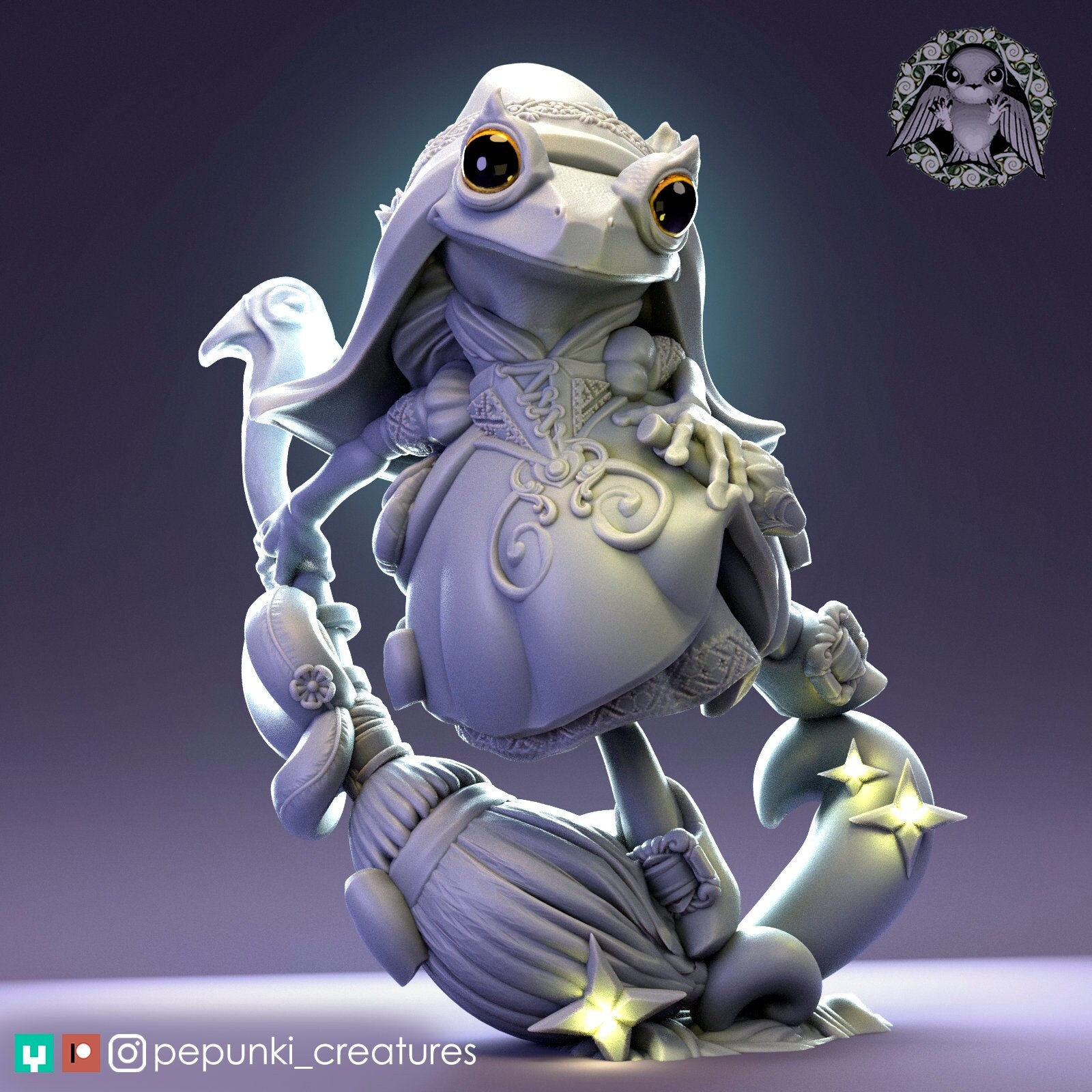 Broom Frog, Magician Witch Warlock | Tabletop or Display Scale | D&D Humblewood TTRPG Miniature | Pepunki Creatures