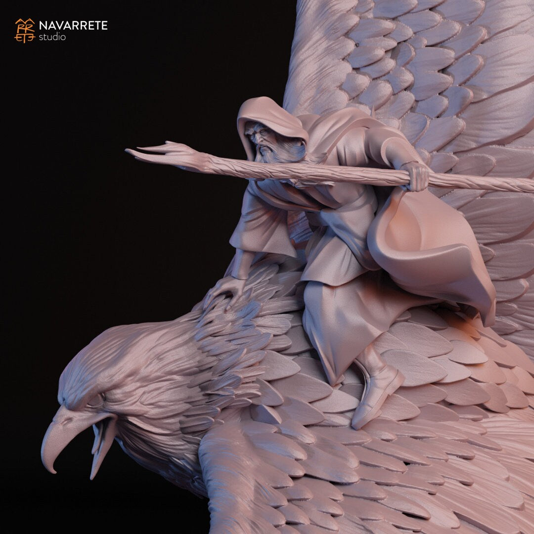 Radalion on Eagle, Wizard Giant Bird | D&D TTRPG Miniature | Navarrete Studio | Unpainted, Unplated Resin 8k