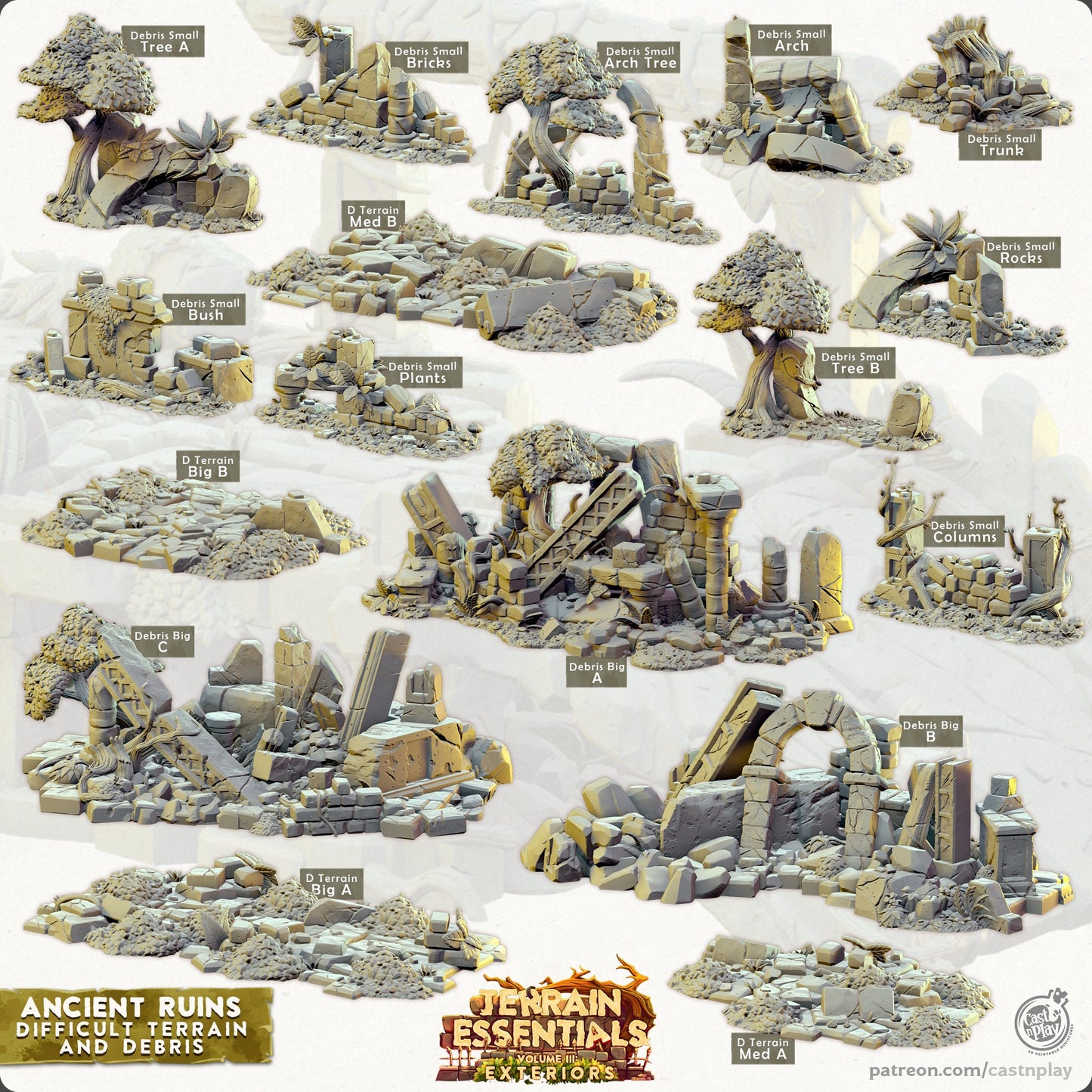 Ancient Ruins Debris / Difficult Terrain, Scatter, Rubble, Trees | FULL SET D&D Miniature | Cast n Play