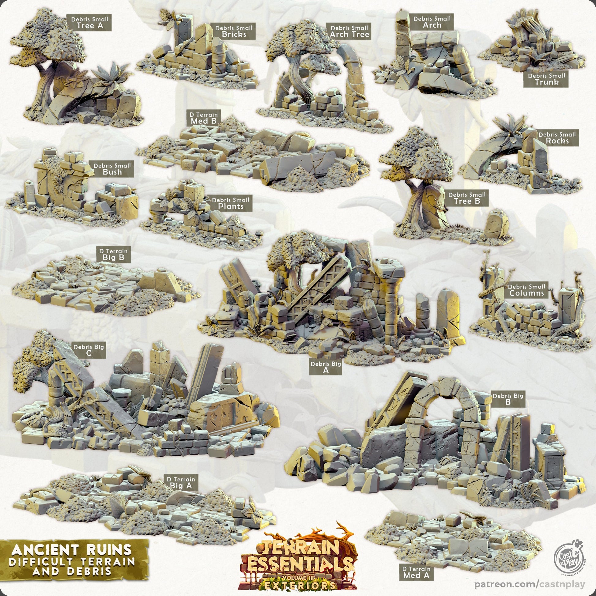 Ancient Ruins Debris / Difficult Terrain, Scatter, Rubble, Trees | FULL SET D&D Miniature | Cast n Play