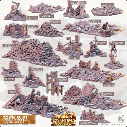 Town Debris / Difficult Terrain, Scatter, Rubble, Trees | FULL SET D&D Miniature | Cast n Play