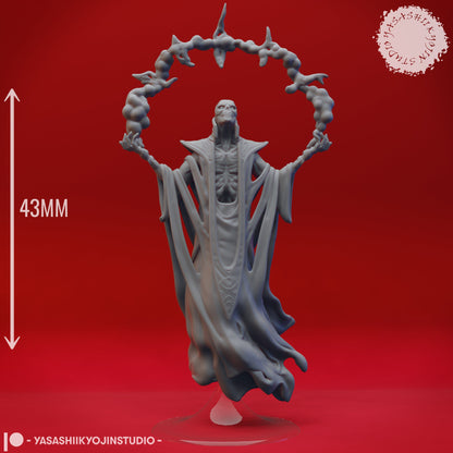 Red Wizard tabletop miniature by Tattles Told 3D, featuring a detailed wizard character from D&D TTRPG, crafted by Yasashii Kyojin Studio.