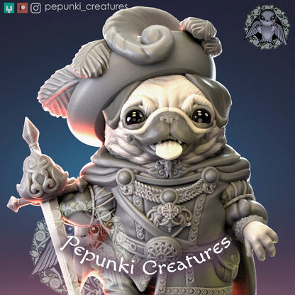 Dog Pug Chevalier miniature from Tattles Told 3D, a tabletop display scale for D&D Humblewood TTRPG, featuring a detailed pug knight figurine.