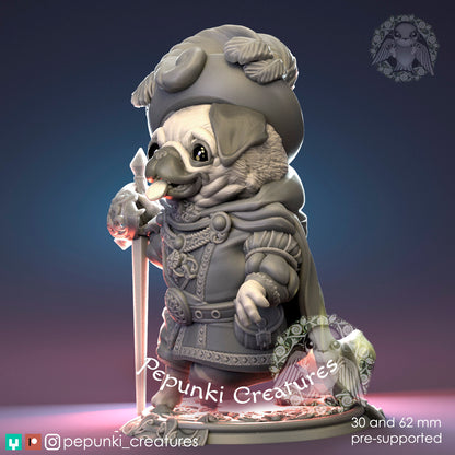 Dog Pug Chevalier miniature from Tattles Told 3D, a tabletop display scale for D&D Humblewood TTRPG games, featuring a cute pug knight.