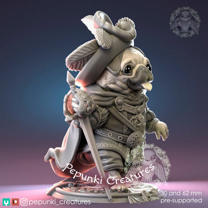 Dog Pug Chevalier miniature from Tattles Told 3D, a tabletop display scale for D&D Humblewood TTRPG, featuring a detailed pug knight.