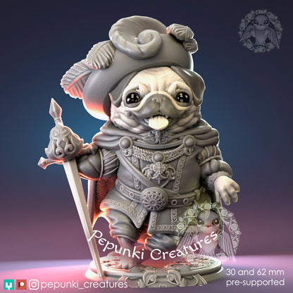 Dog Pug Chevalier miniature from Tattles Told 3D, a tabletop display scale for D&D Humblewood TTRPG adventures.