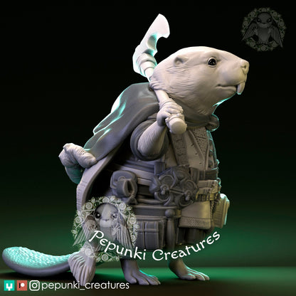 Beaver Woodsman tabletop miniature by Tattles Told 3D, depicting a friendly beaver character for D&D Humblewood TTRPG displays.