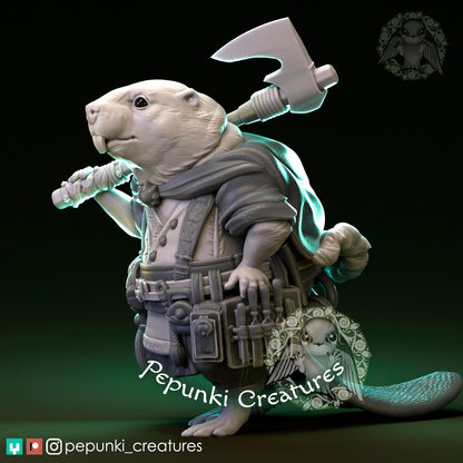 Beaver Woodsman miniature from Tattles Told 3D, tabletop or display scale, D&D Humblewood TTRPG Pepunki creature, detailed figure.