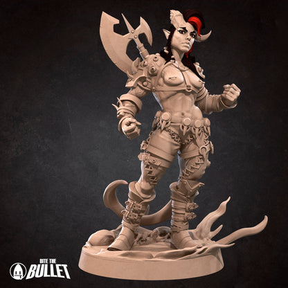 Exxotic Tiefling Barbarian | Woman Pinup SFW NSFW Model Miniature | Bite the Bullet
