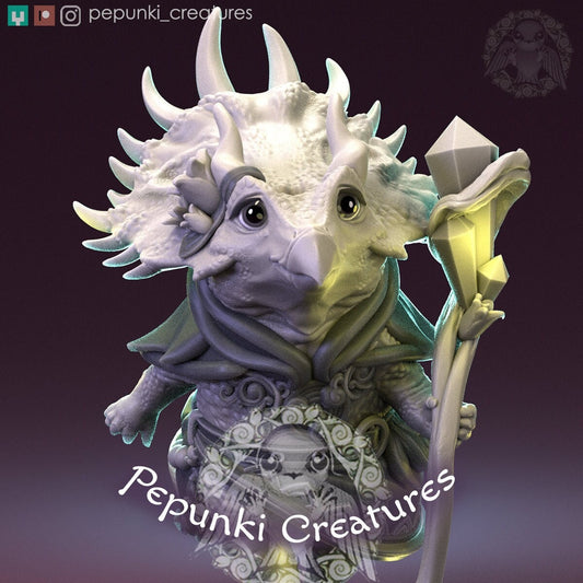 Triceratops Mage | Tabletop or Display Scale | D&D Humblewood TTRPG Miniature | Pepunki Creatures