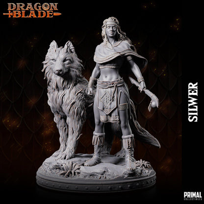 Female Elf Silwer and Wolf | Dragonblade | TTRPG D&D Miniature | Primal Collectibles