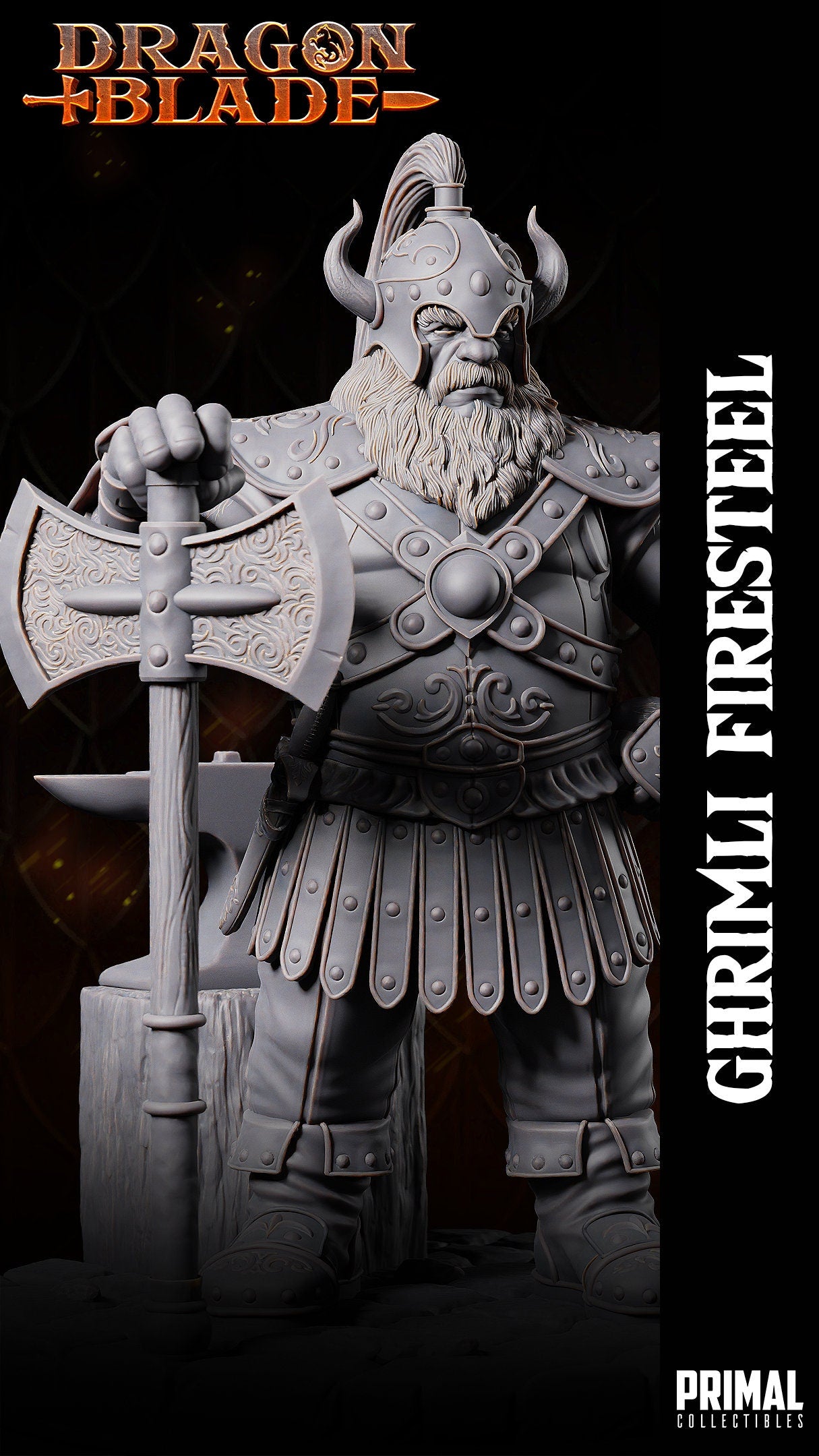 Dwarf Hero Ghrimli Firesteel | Tabletop Scale | TTRPG D&D Miniature | Primal Collectibles