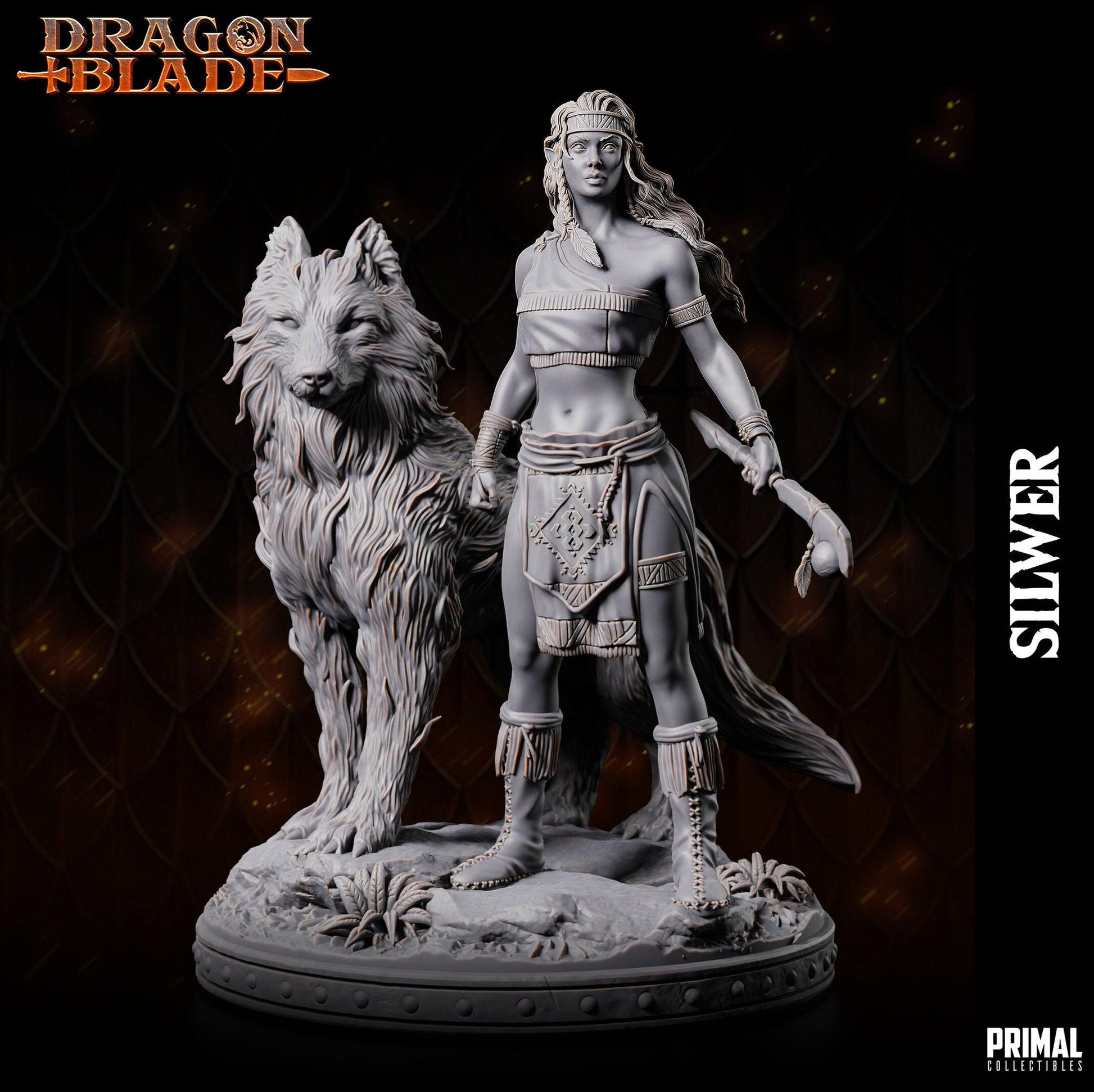 Female Elf Silwer and Wolf | Dragonblade | TTRPG D&D Miniature | Primal Collectibles
