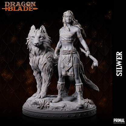 Female Elf Silwer and Wolf | Dragonblade | TTRPG D&D Miniature | Primal Collectibles