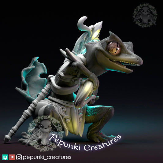 Leaf Gecko Sorcerer | Tabletop or Display Scale | D&D Humblewood TTRPG Miniature | Pepunki Creatures