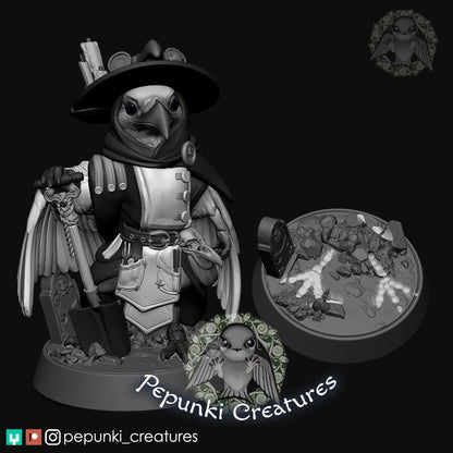 Raven Gravedigger Plague Doctor miniature by Tattles Told 3D, tabletop or display scale, featuring a detailed raven-themed TTRPG figure.