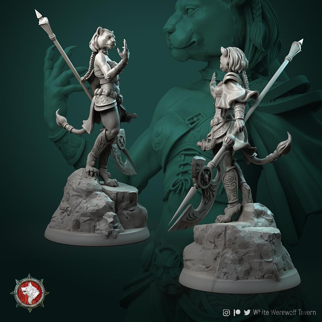 Auria, the Sunforged Dancer, Tabaxi | TABLETOP SCALE | TTRPG Miniature | White Werewolf Tavern | Unpainted, Unplated Resin 8k