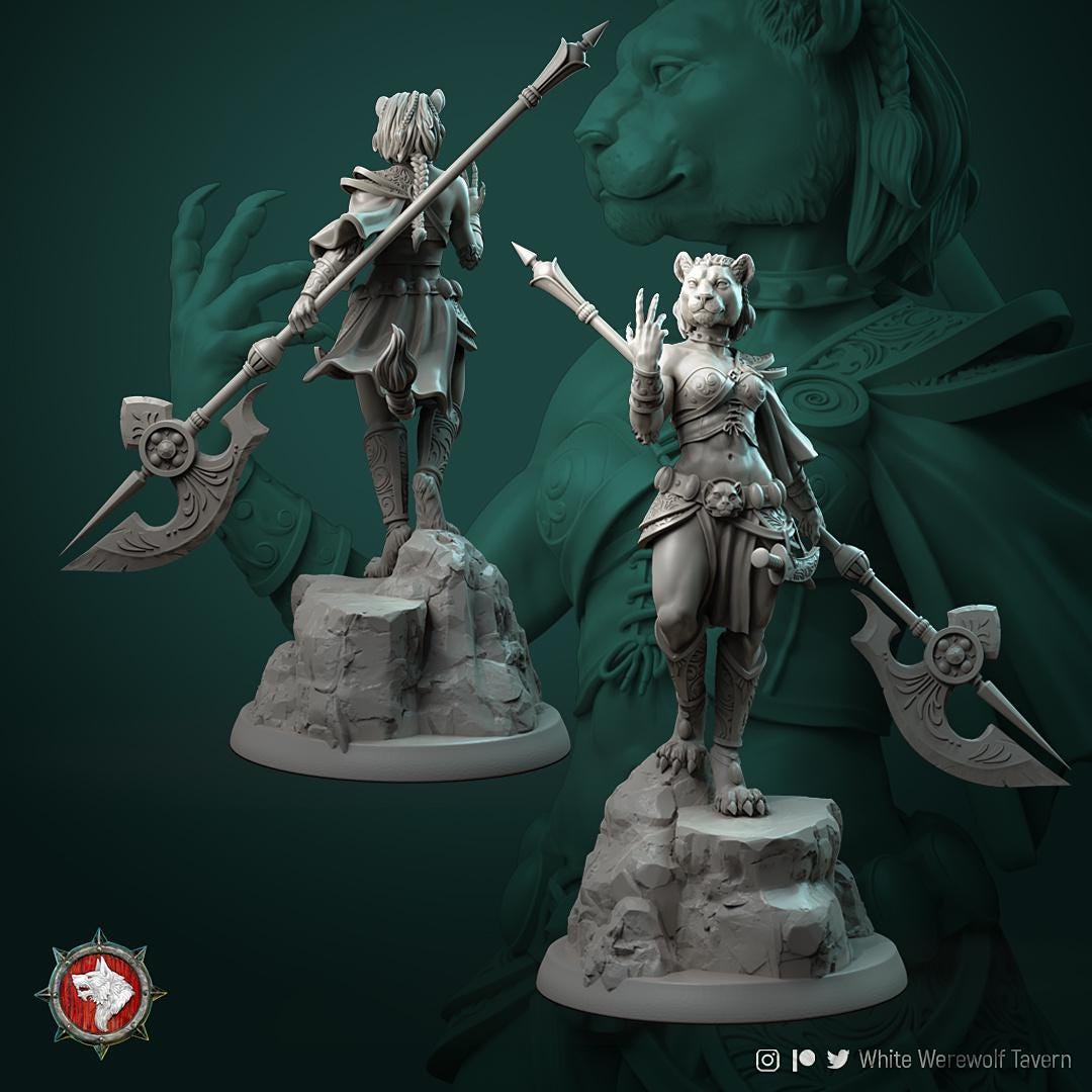 Auria, the Sunforged Dancer, Tabaxi | TABLETOP SCALE | TTRPG Miniature | White Werewolf Tavern | Unpainted, Unplated Resin 8k