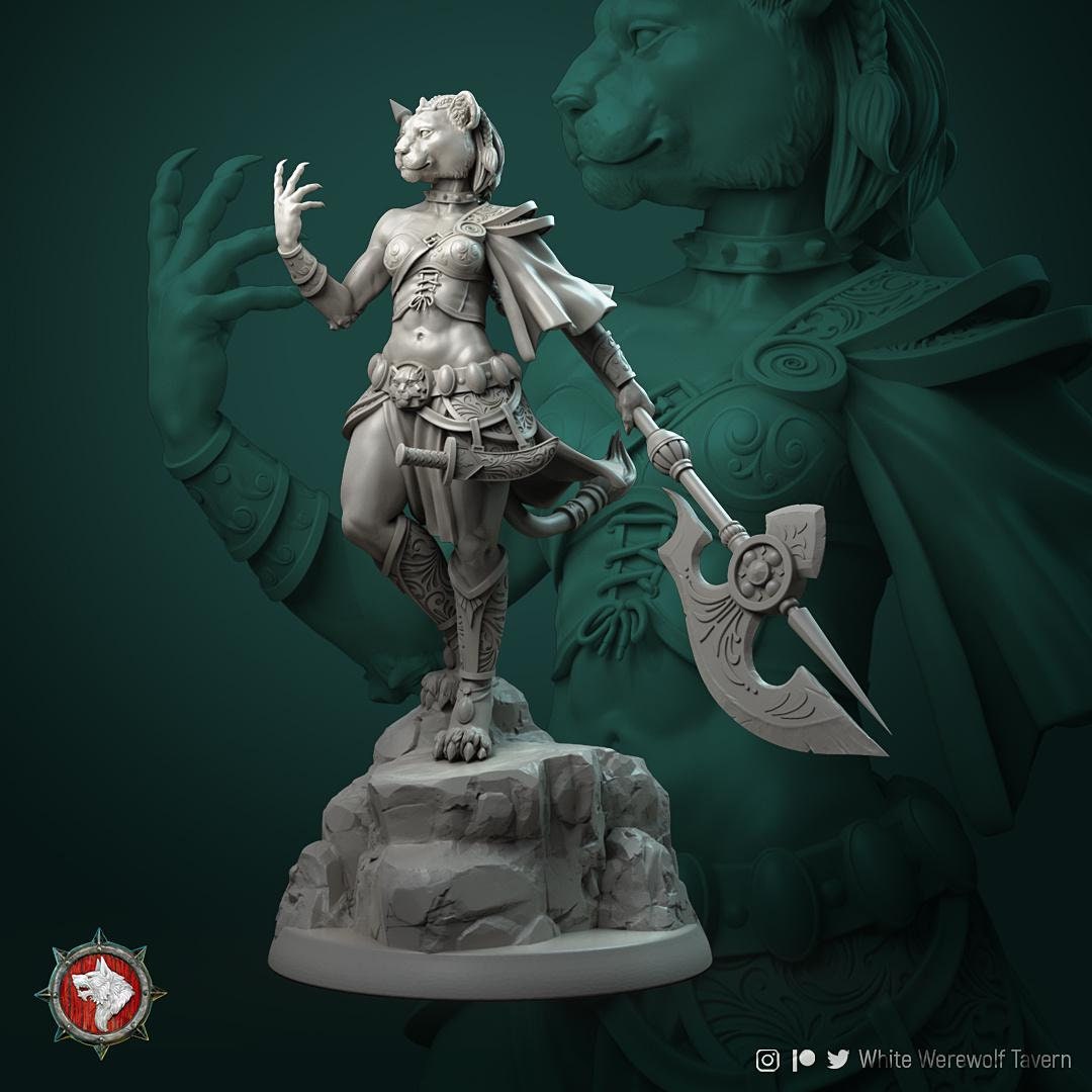 Auria, the Sunforged Dancer, Tabaxi | TABLETOP SCALE | TTRPG Miniature | White Werewolf Tavern | Unpainted, Unplated Resin 8k