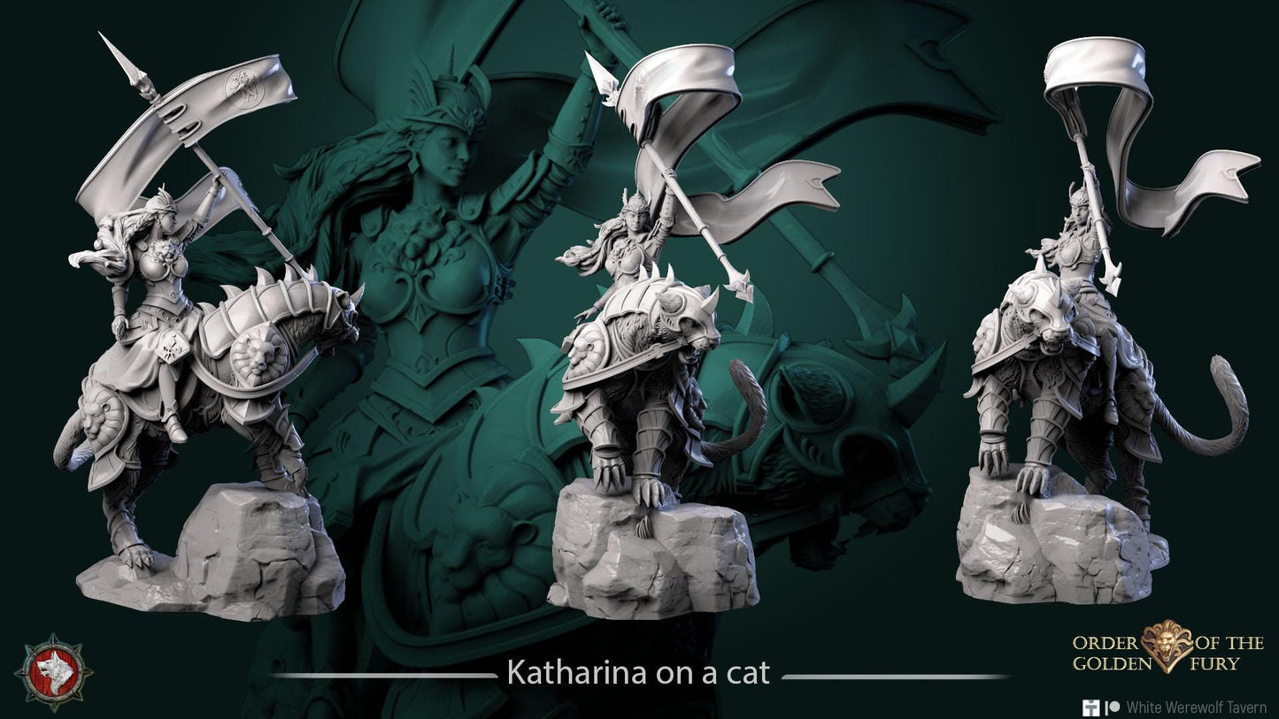 Katharina on a Cat | TABLETOP SCALE | TTRPG D&D Miniature | White Werewolf Tavern
