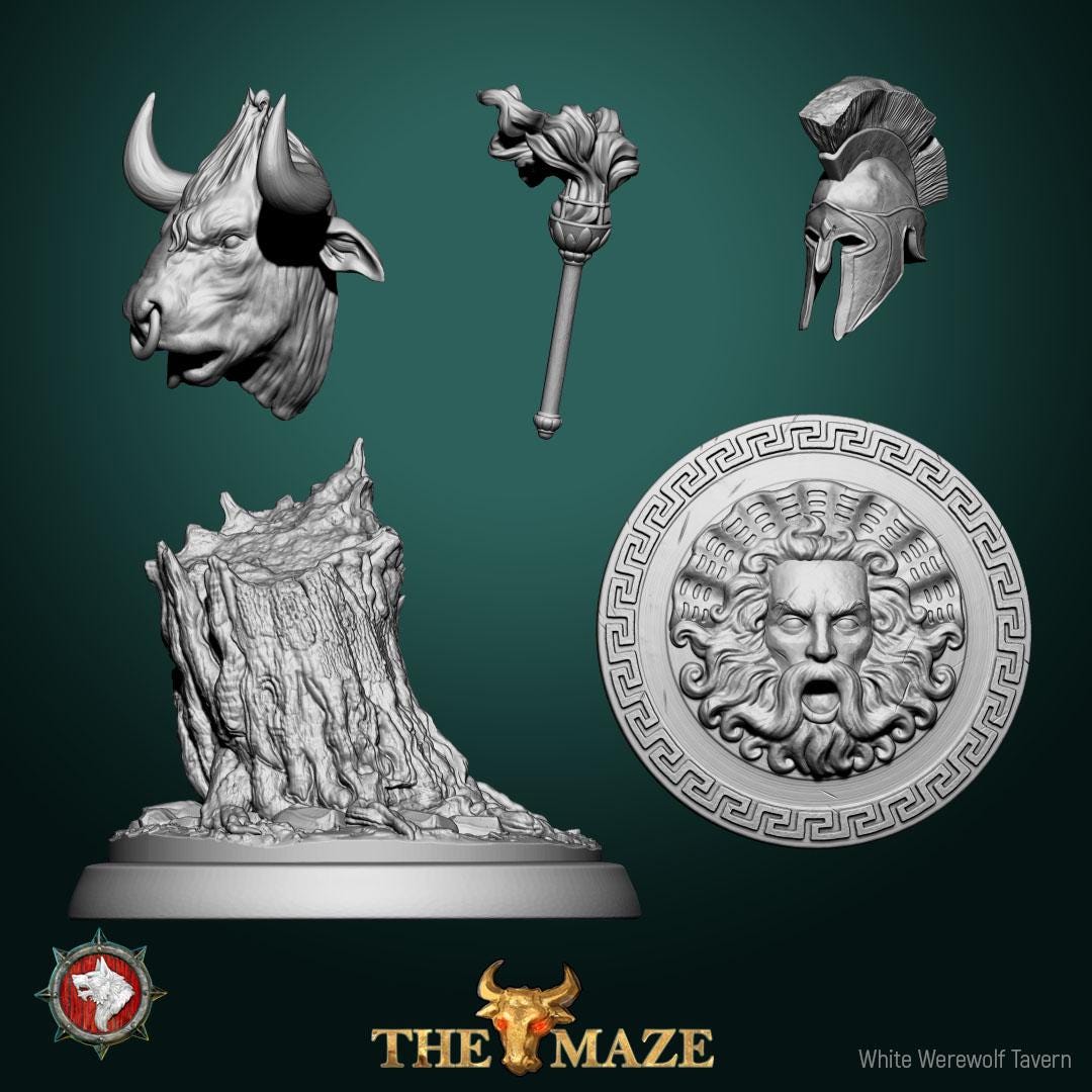 Lost Items, Torch, Helmet, Shield, Bull Head | TABLETOP SCALE | TTRPG D&D Miniature | White Werewolf Tavern