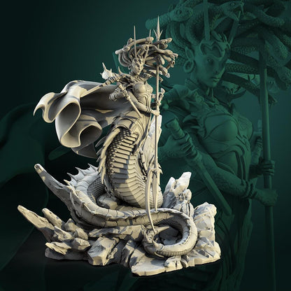 White Medusa D&D miniature by Tattles Told 3D, featuring a detailed werewolf tavern scene with mythical creature.