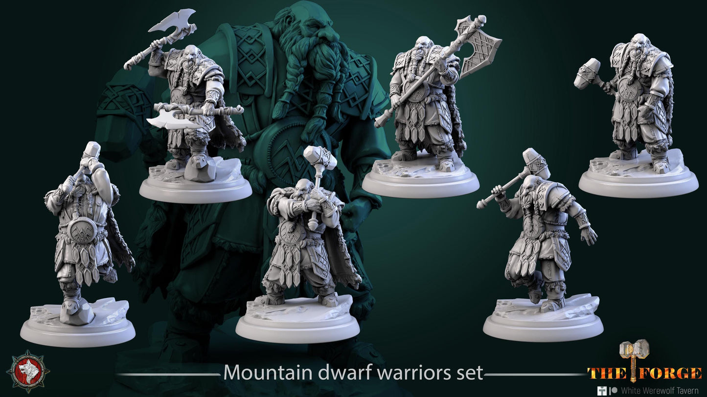 Mountain Dwarf Warriors | TABLETOP SCALE | TTRPG D&D Miniature | White Werewolf Tavern