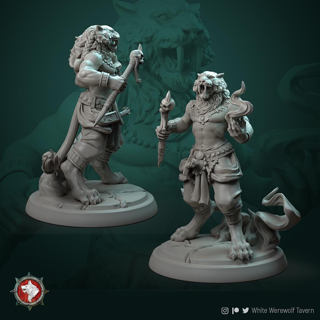 Tabaxi Leonin, Males | TABLETOP SCALE | TTRPG Miniature | White Werewolf Tavern