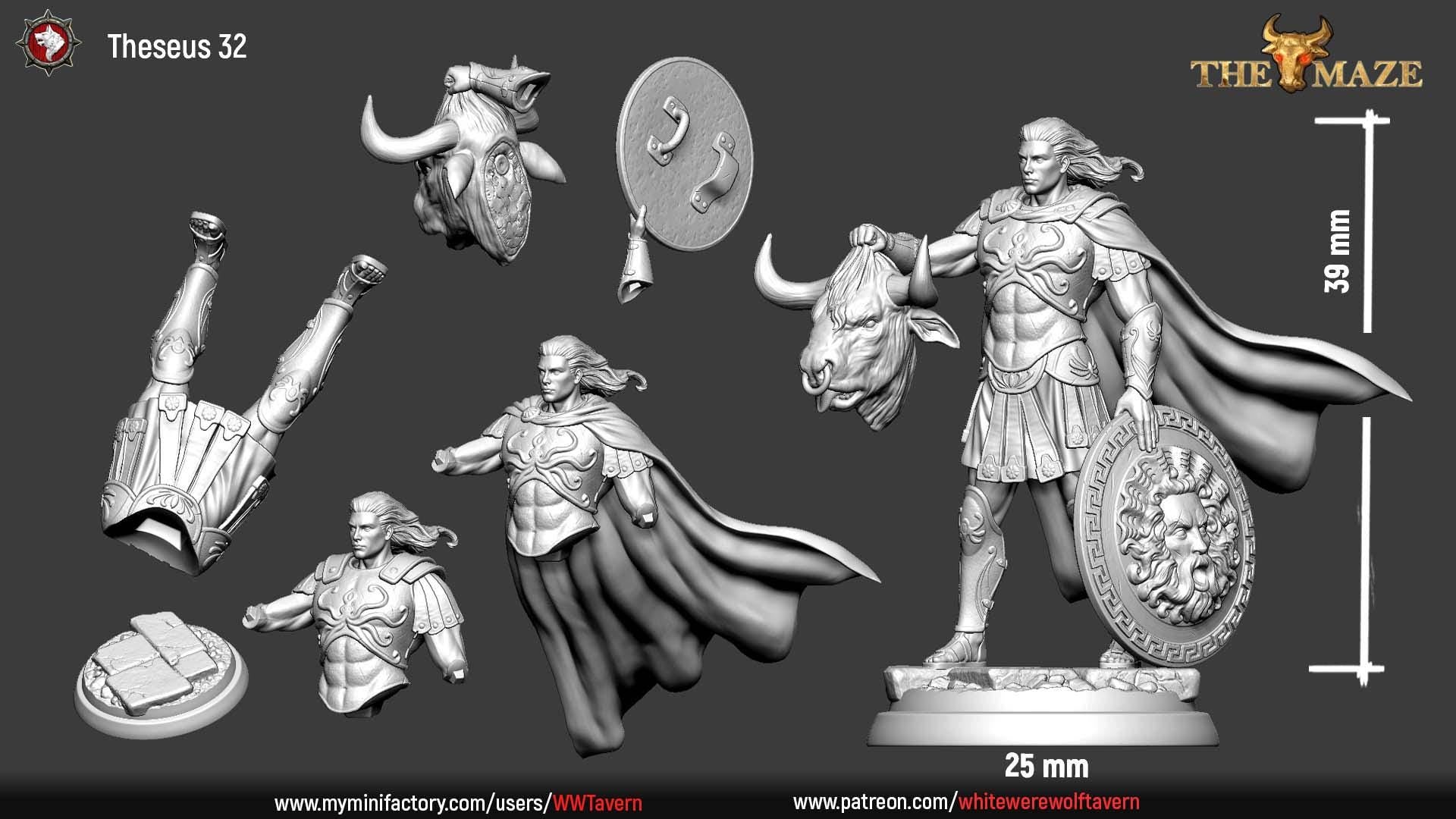 Theseus & the Minotaur | TABLETOP SCALE | TTRPG Miniature | White Werewolf Tavern | Unpainted, Unplated Resin 8k