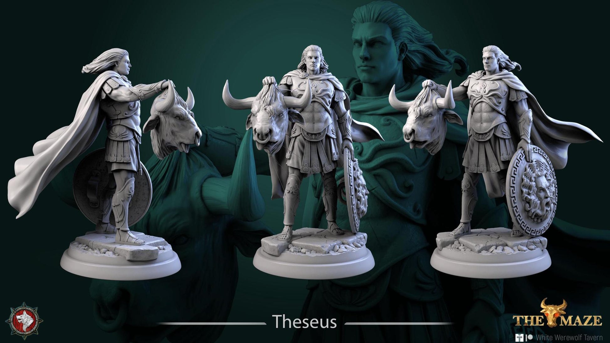 Theseus & the Minotaur | TABLETOP SCALE | TTRPG Miniature | White Werewolf Tavern | Unpainted, Unplated Resin 8k