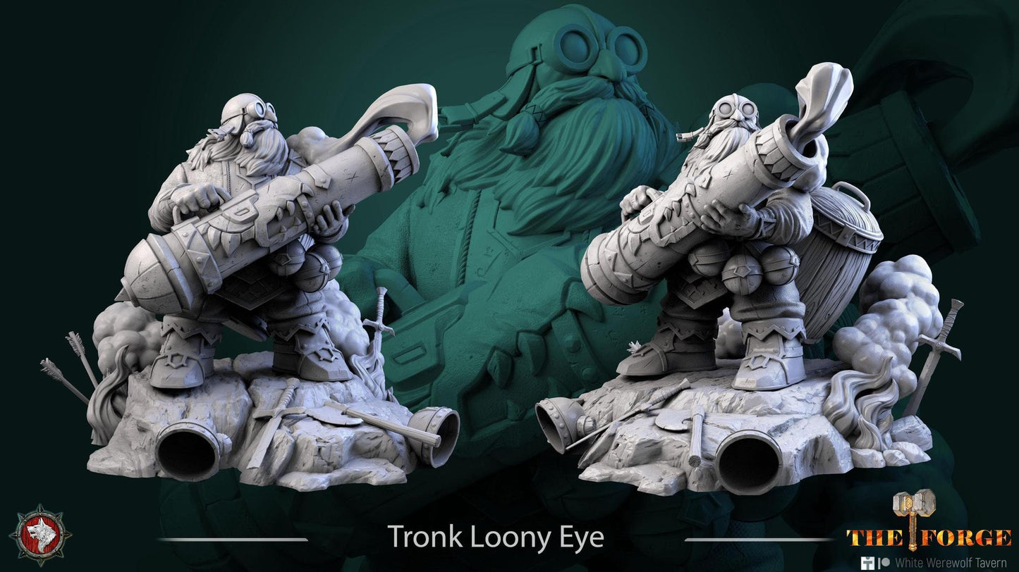Tronk Loony Eye, Dwarf Cannoneer | TABLETOP SCALE | TTRPG Miniature | White Werewolf Tavern | Unpainted, Unplated Resin 8k