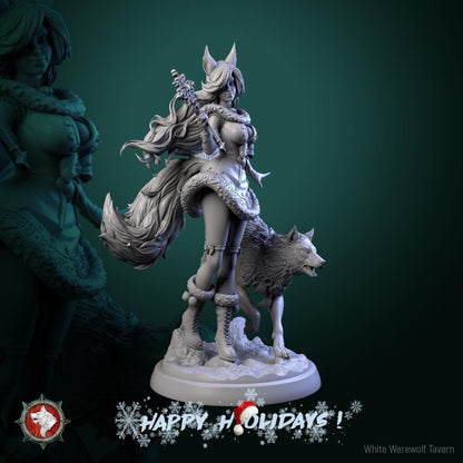 Zarya Snezhnaya, Winter Girl & Wolf | Gaming and Display Scale Miniature | White Werewolf Tavern
