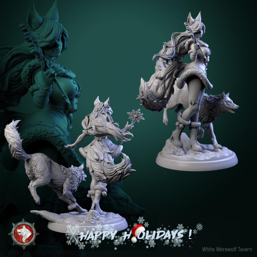 Zarya Snezhnaya, Winter Girl & Wolf | Gaming and Display Scale Miniature | White Werewolf Tavern