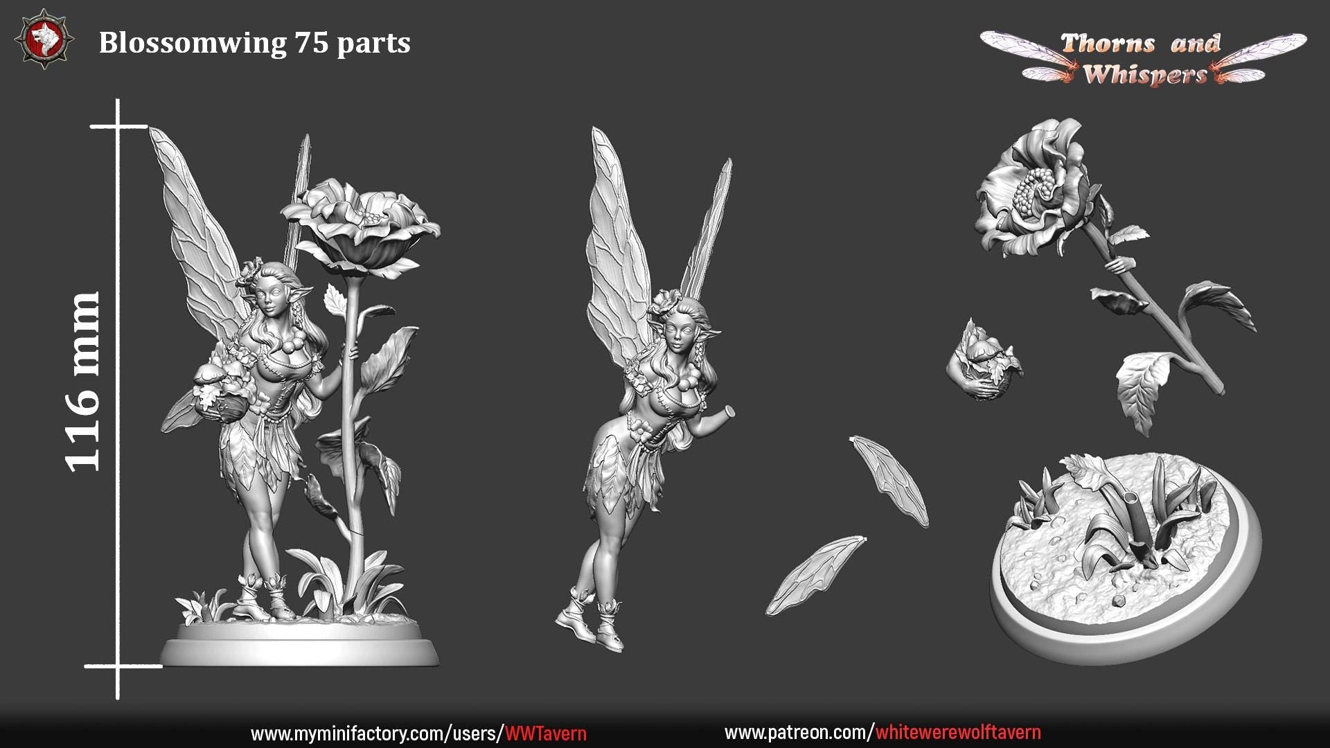 Blossomwing, Pretty Fairy | Mini or Bust | TTRPG Tabletop Gaming Miniature Statue | White Werewolf Tavern | Thorns and Whispers Set