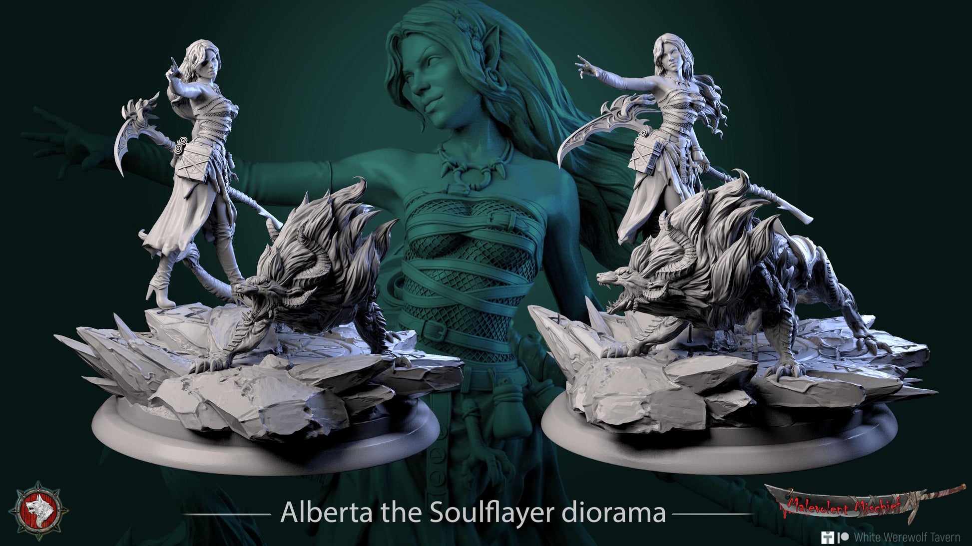 Alberta the Soulflayer Diorama | TABLETOP SCALE | TTRPG Miniature | White Werewolf Tavern | Unpainted, Unplated Resin 8k