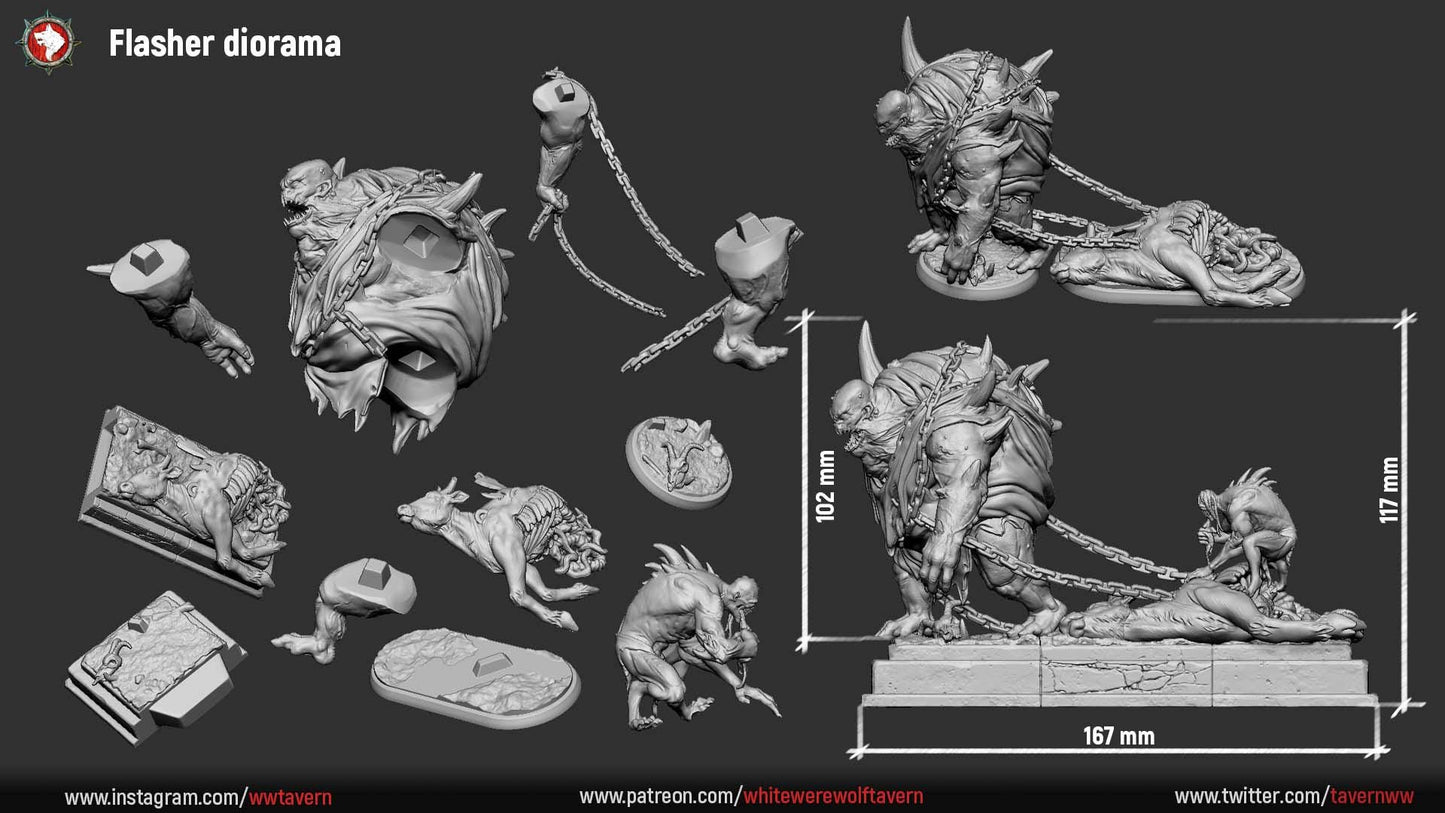 Flasher Diorama | TABLETOP SCALE | D&D TTRPG Miniature | White Werewolf Tavern