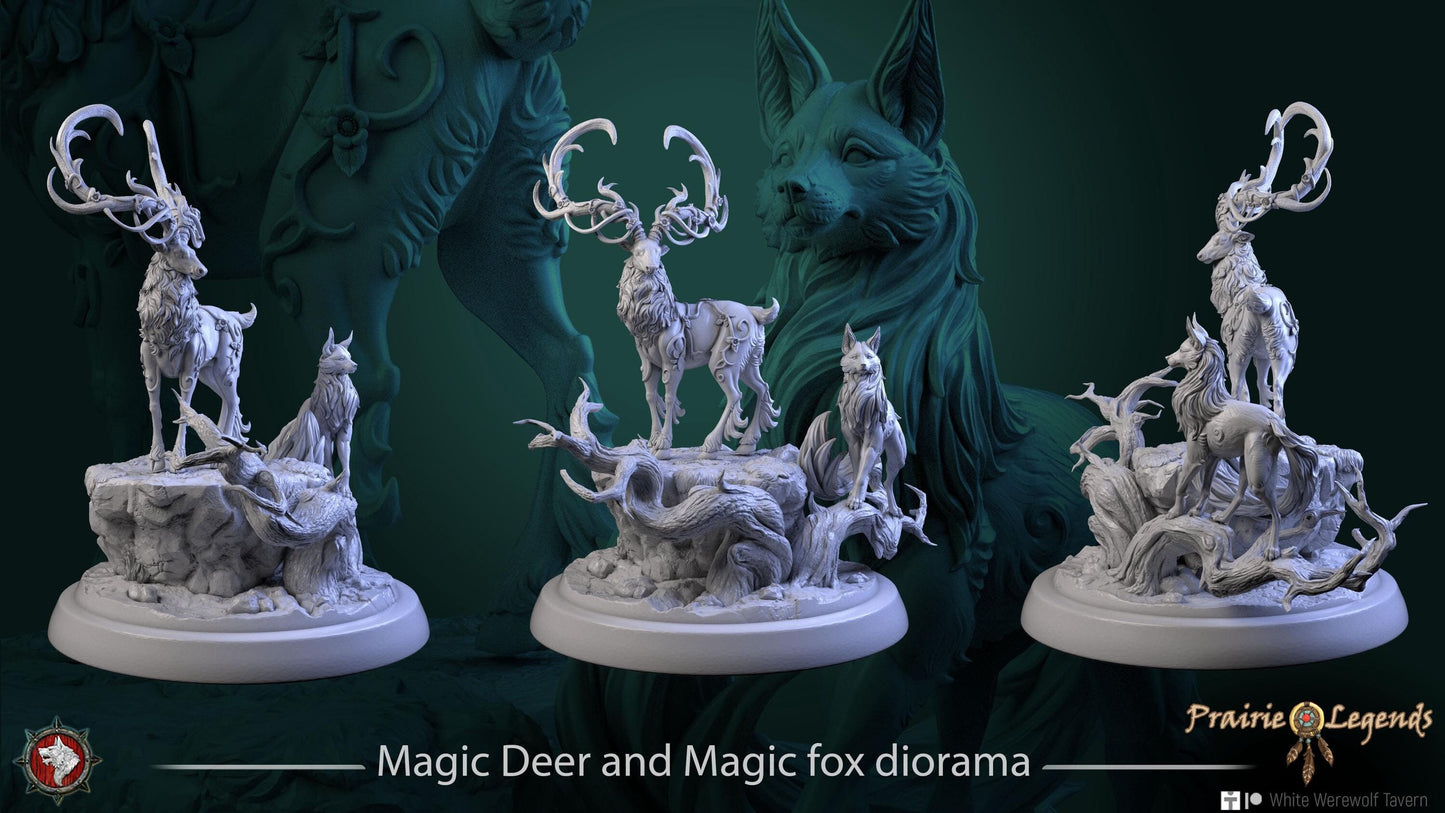 Magic Deer and Magic Fox Diorama | TABLETOP SCALE | TTRPG D&D Miniature | White Werewolf Tavern