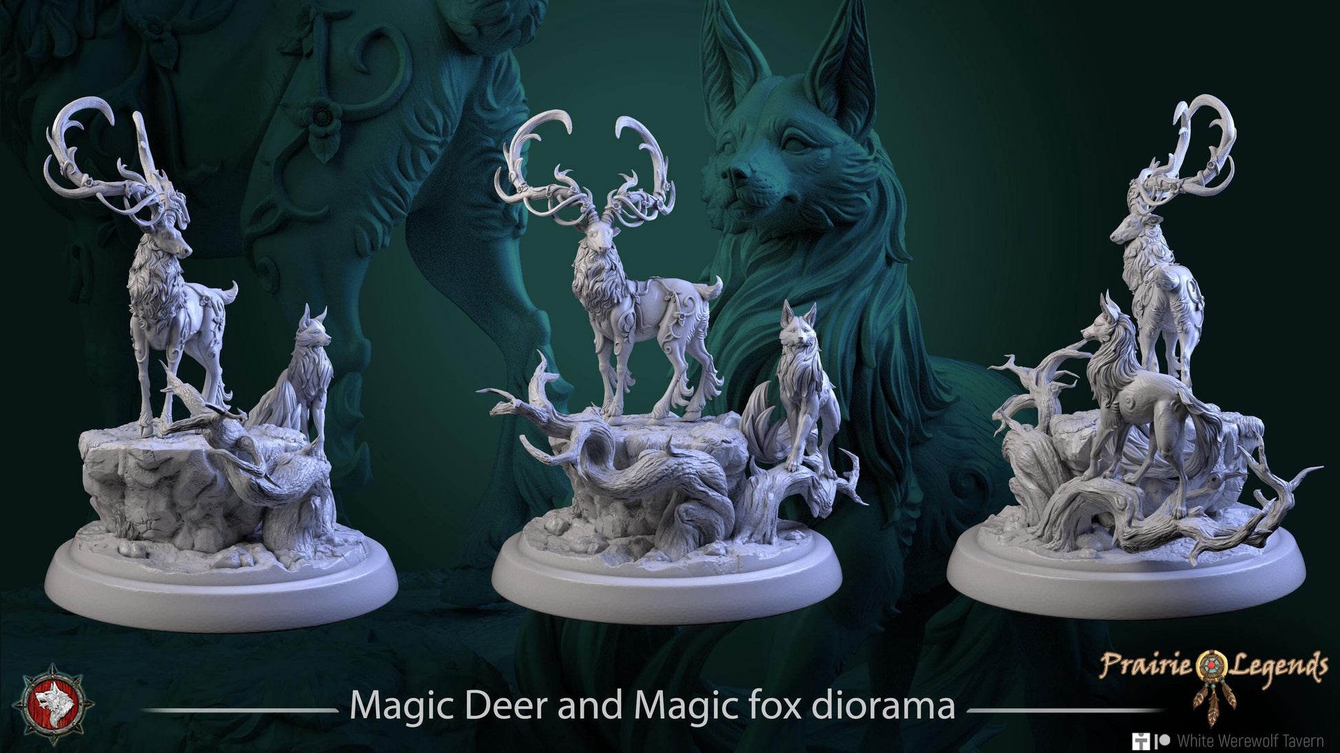 Magic Deer and Magic Fox Diorama | TABLETOP SCALE | TTRPG D&D Miniature | White Werewolf Tavern