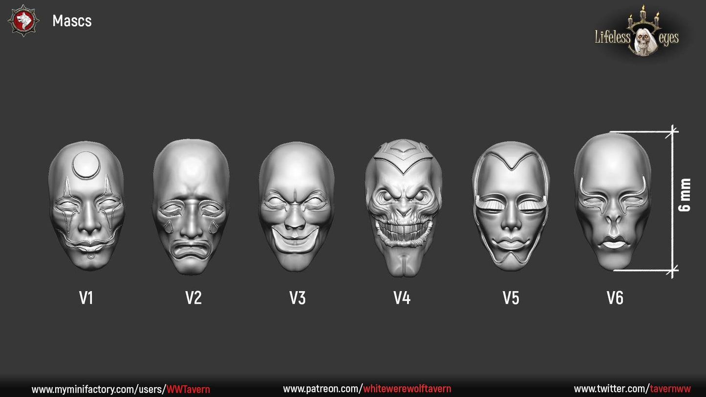 Masks, set of 6 | TABLETOP SCALE | TTRPG D&D Miniature | White Werewolf Tavern