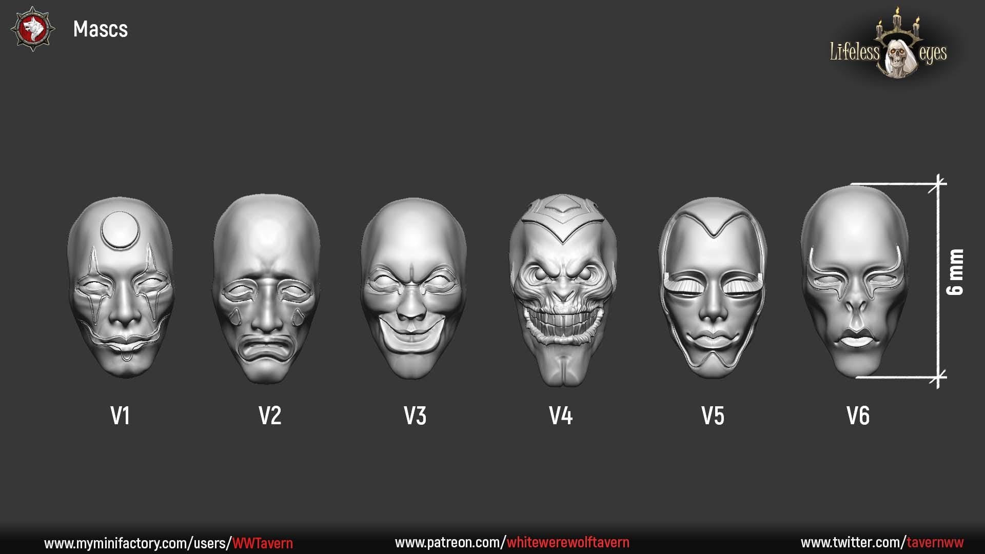 Masks, set of 6 | TABLETOP SCALE | TTRPG D&D Miniature | White Werewolf Tavern