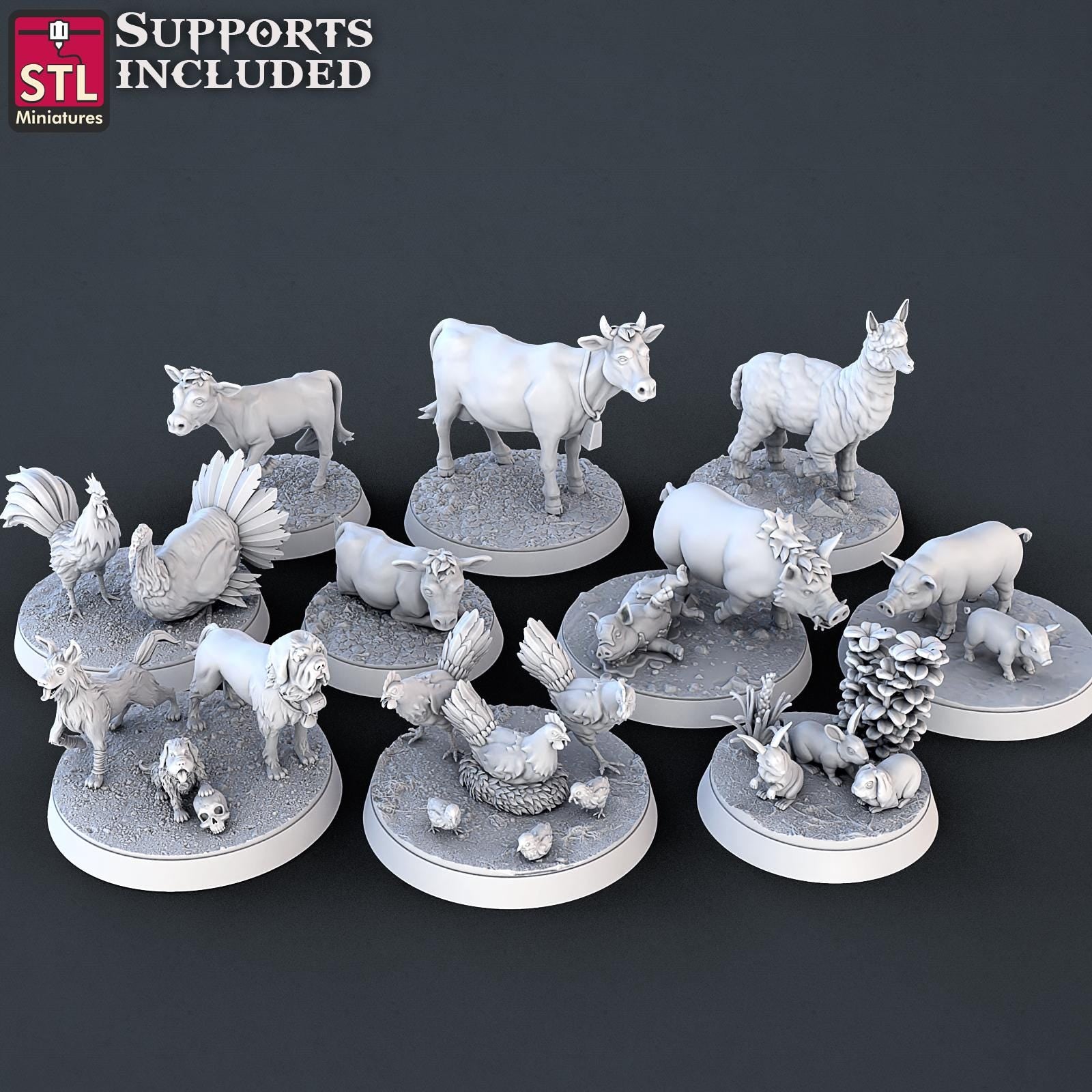 Farm Animals Set | Tabletop Scale | D&D TTRPG Miniature | STL Miniatures