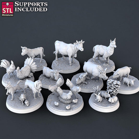 Farm Animals Set | Tabletop Scale | D&D TTRPG Miniature | STL Miniatures