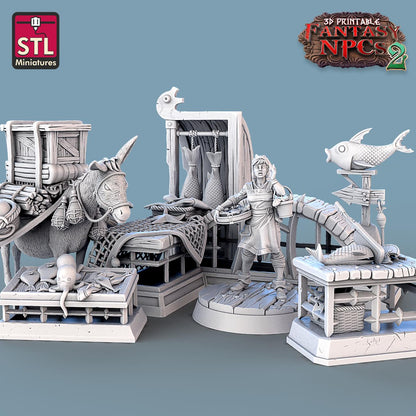 Fish Vendor NPC Set | Tabletop Scale | D&D TTRPG Miniature | STL Miniatures